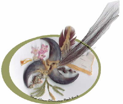 A trio of Bear Claws forms the center of this collection of international woodland elements � Birch Bark, Mayflowers, Pussywillows, Ground Pine, Moss and Old Man�s Beard were gathered at Wyndencleh Farm in Nova Scotia, and are joined by a tuft of New Hampshire Moose Hair and the feather of a Ring-Necked Pheasant from PEI.