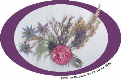 The Lavender in Tranquillity original features a wonderfully vivid  lavender Helichrysum blossom. Its surrounded by star-shaped Borage, a stalk of the Sea Lavender that grows so vigorously near our South Shore beaches, and a purply sprig of  Nanas Bee Balm. Millet looks upward, while a delicate Hackmatack cone and the tiniest feather from a Ruffed Grouse rest on some strands of moss found on the Red Maple trees. 