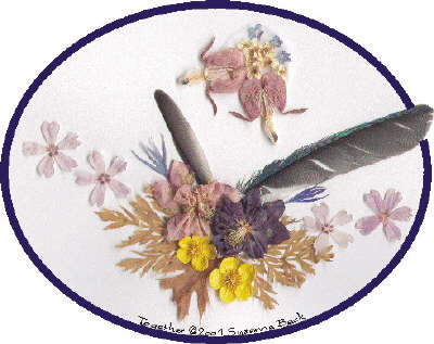 Equal, but not identical, are the pairs in Together. A pair of bleeding hearts is held together by forget-me-nots and Bridal Veil blossoms. A pair of columbine - pink and blue - is surrounded by pairs of buttercups, creeping phlox, Cynthia's thistle, & leaves of Dutchman's britches.  And feathers -- BlueJay and female Purple Finch -- descend from different directions, but center on the same point. 