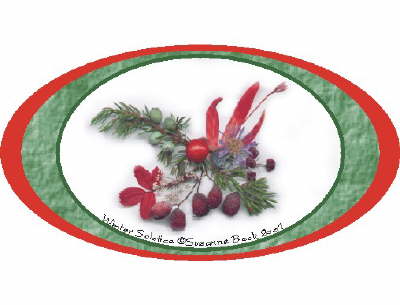 The Winter Solstice original displays the bright red petals  of a Christmas Cactus, emerging from a bed of wild Creeping Juniper.. Hawthorne berries -- a favorite winter food for the birds, along with small cranberries, wild rose leaves with a single rose hip,  and a hardy sprig of  Queen Annes Lace show some of the beauty that remains as the seasons change.   