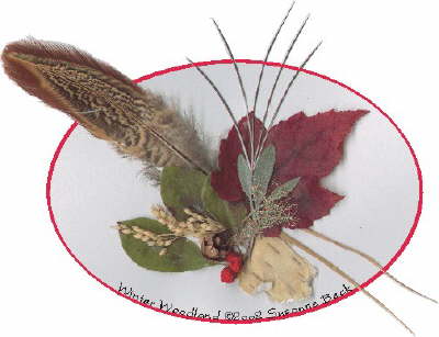 Winter Woodland celebrates the colors and textures of winter � red Canadian Holly berries, a rosette-like Hackmatack cone, and a fringed scrap of Birch Bark cluster below the burgundy of a Red Maple leaf.   The wing feather from a Ring-Necked Pheasant, a quintet of Porcupine Quills, and a couple of dry Millet stalks extend beyond the boundaries while a few sprigs of Sage, Millet seed heads, and moss known as Old Man�s Beard complete the picture.